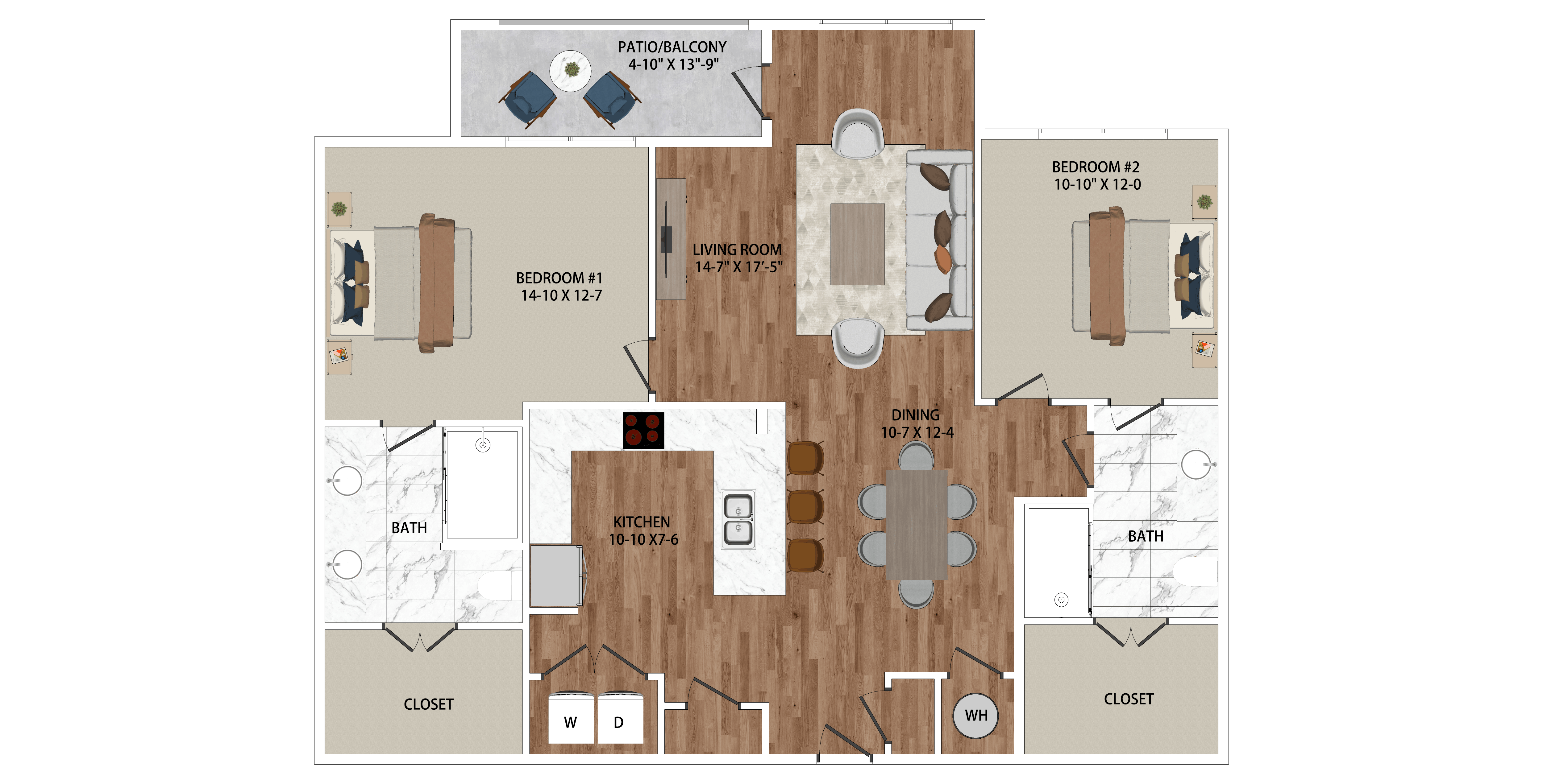 Floor plan for 2 beds, 2 baths, 1285 sqft